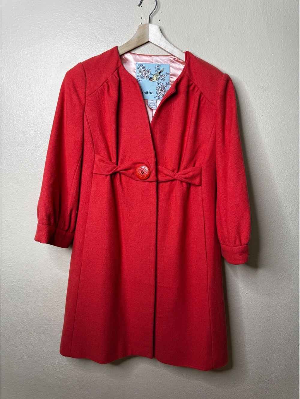 Anthropologie Tabitha Women’s Size 10 Red Bow Waist 3/4 Sleeve Coat Jacket
